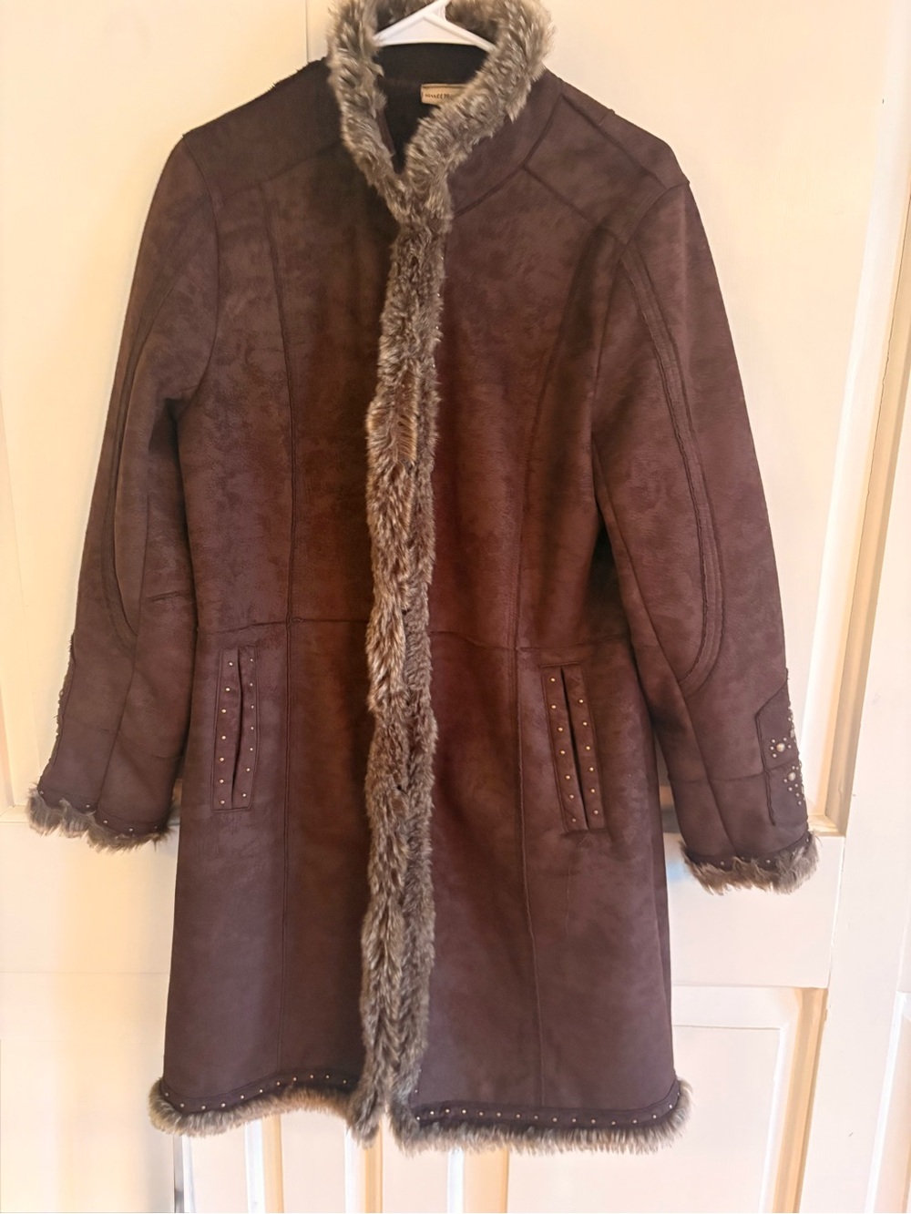 90s/Y2K Ruff Hewn Women’s Long Coat Faux Fur Trim Studded W/ Pockets Brown Large